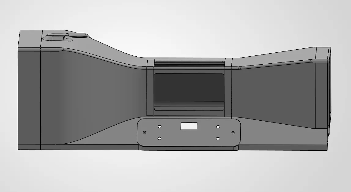 התכן הנוכחי ב־SolidWorks, מבט מהצד. האוויר נכנס משמאל, עובר בכונס, בתא הניסוי עם החלון ובדיפוזר, ויוצא דרך המאוורר מימין.